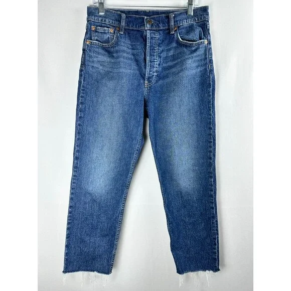 GAP Cheeky Straight High Rise Cropped Jeans 10R/31 Dark Wash Raw Hem Button Fly - Picture 2 of 13